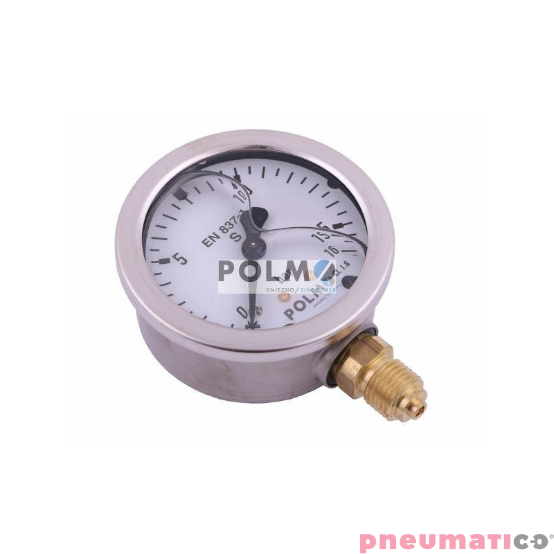 Manometr glicerynowy M63 0-16 bar dolne przyłącze G1/4" POLMO Manometr glicerynowy M63 0-16 bar dolne przyłącze G1/4" POLMO