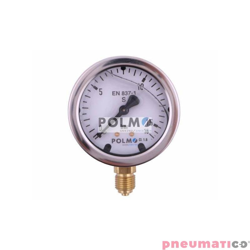 Manometr glicerynowy M63 0-16 bar dolne przyłącze G1/4" POLMO Manometr glicerynowy M63 0-16 bar dolne przyłącze G1/4" POLMO