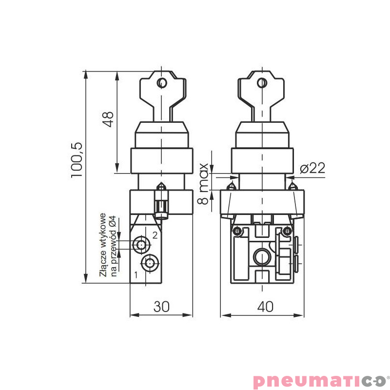 Przełącznik z kluczem Pneumax 3/2 KLUCZYK,PRZYŁ. 4MM BOCZNE N.Z