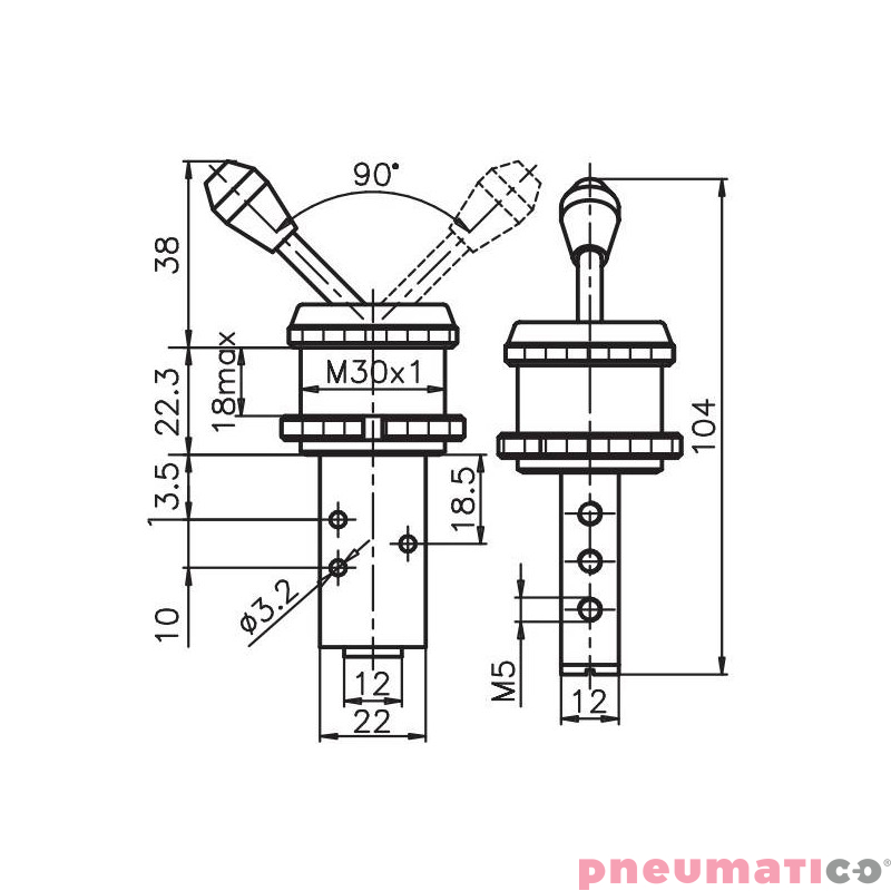 Zaw&oacute;r dźwignia Pneumax ROZDZIELACZ PNEUM. M5 5/2-DŹWIGNIA PION CZARNY
