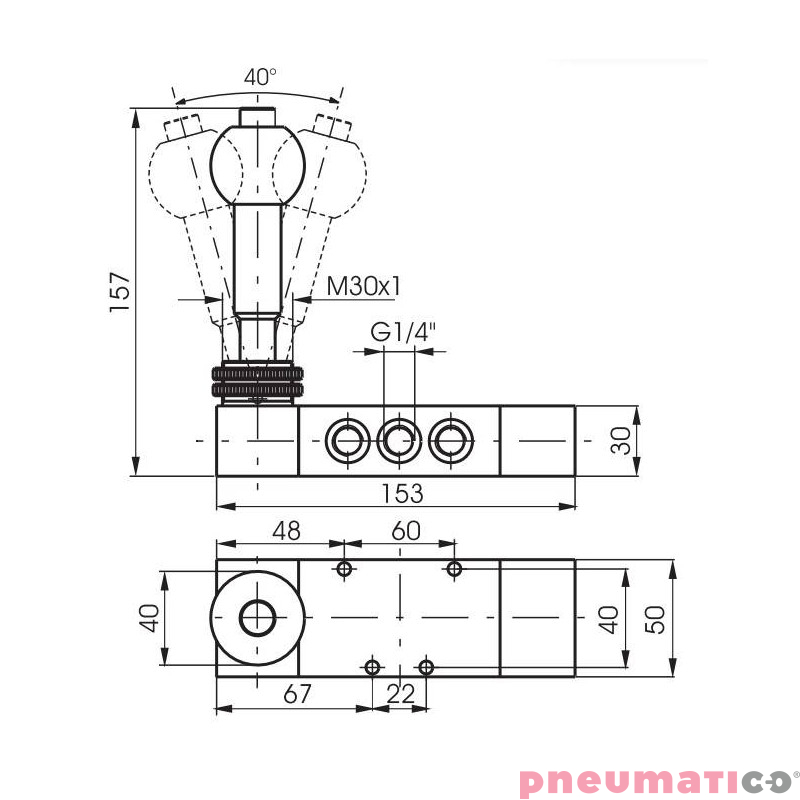 Zawór dźwignia Pneumax 1/4" 5/3 DŹWIGNIA-SPRĘŻYNA Z BLOK Zawór dźwignia Pneumax 1/4" 5/3 DŹWIGNIA-SPRĘŻYNA Z BLOK