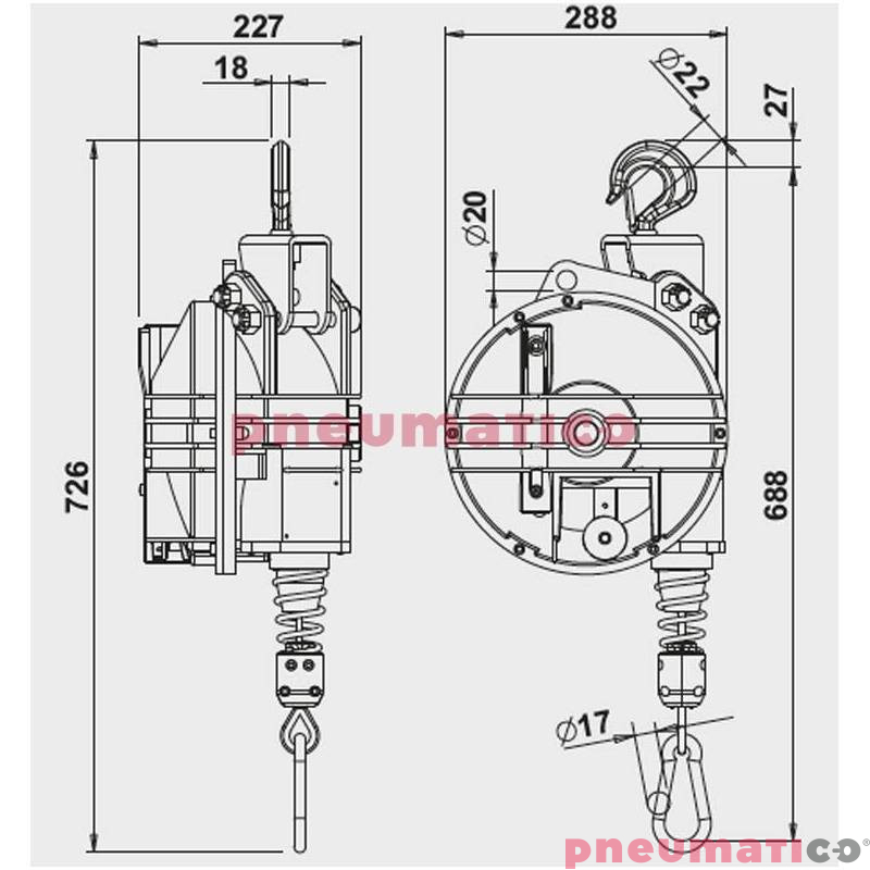 Balanser linkowy TECNA 9404.B1_wymiary Balanser linkowy TECNA 9404.B1_wymiary