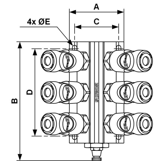 Przyłącze naścienne z gwintem wew. łączniki i odpływ Prevost G3/4 MF 104S8ES
