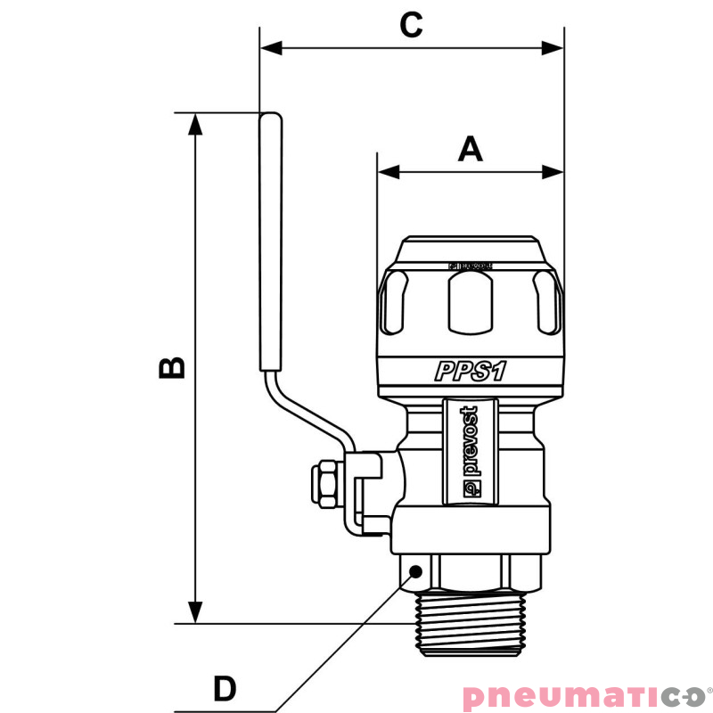 Zaw&oacute;r kulowy z jednostronnym gwintem zew. r&oacute;wnoległy Prevost 20mm R1/2 PPS1 RSIM2012