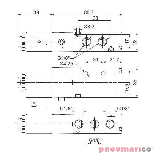 Zaw&oacute;r elektropneumatyczny 5/2 PNEUMAX 1/8 8880.52.00.39.F57 110VAC