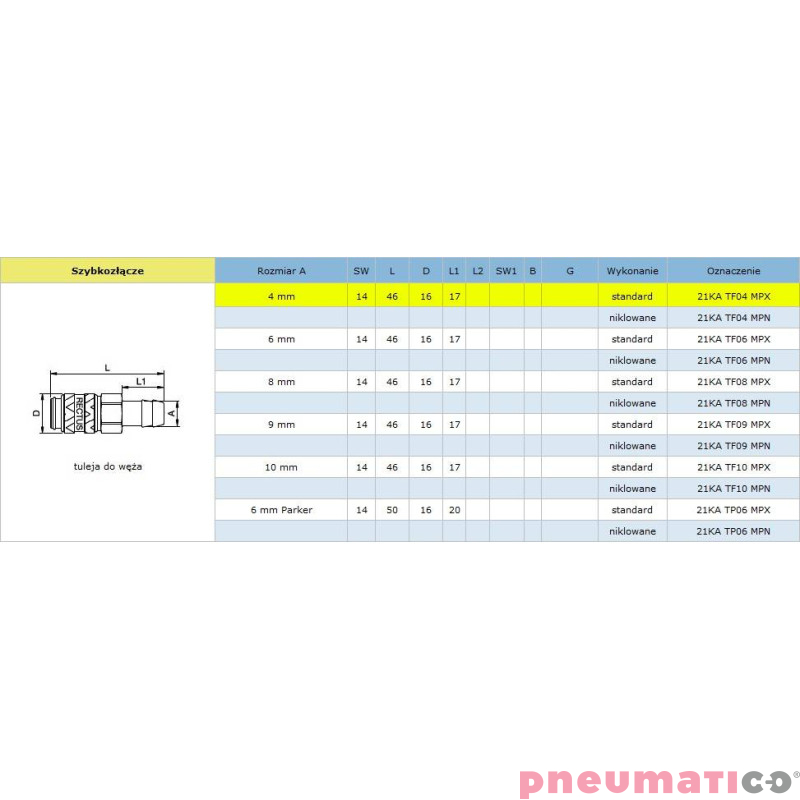 Szybkozłącze niskociśnieniowe żeńskie na wąż typ 21KA 6 mm 21KATF06MPX Szybkozłącze niskociśnieniowe żeńskie na wąż typ 21KA 6 mm 21KATF06MPX