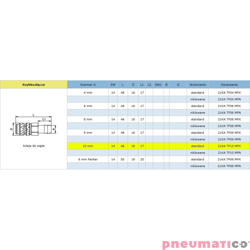Szybkozłącze niskociśnieniowe żeńskie na wąż typ 21KA 10 mm RQS 21KATF10MPX
