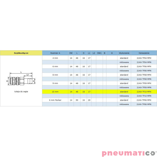 Szybkozłącze niskociśnieniowe żeńskie na wąż typ 21KA 10 mm RQS 21KATF10MPX