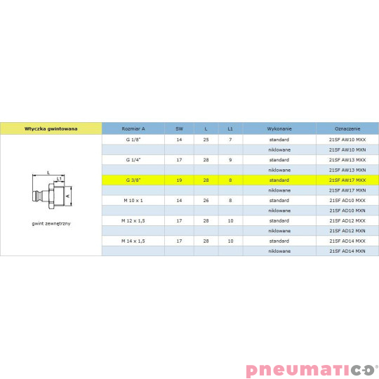 Szybkozłącze niskociśnieniowe męskie z gw. zew. typ 21KA 3/8" RQS 21SFAW17MXX