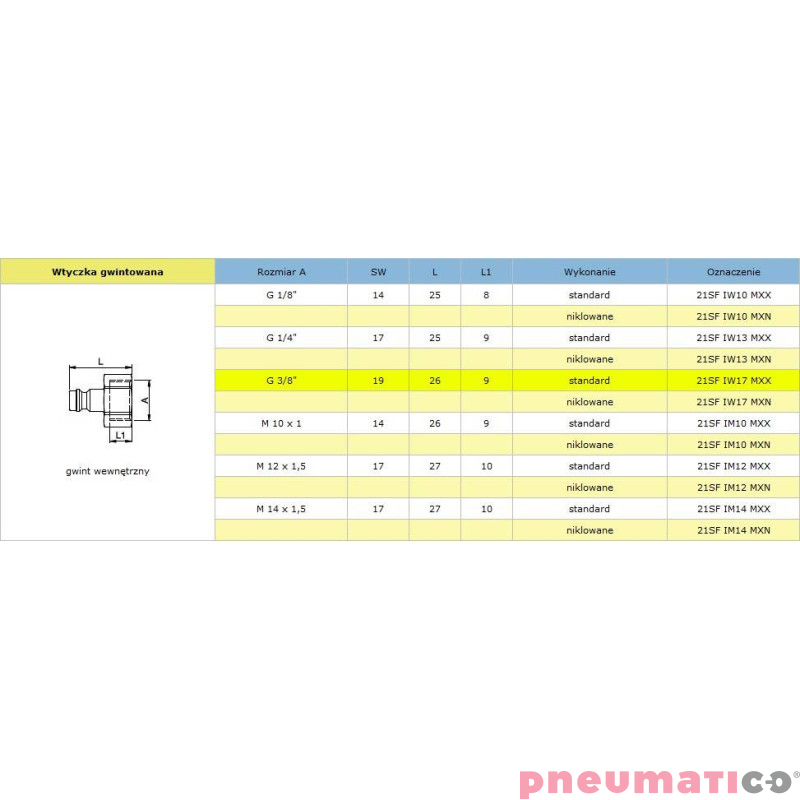Szybkozłącze niskociśnieniowe męskie z gw.wew typ 21KA 3/8" RQS 21SFIW17MXX
