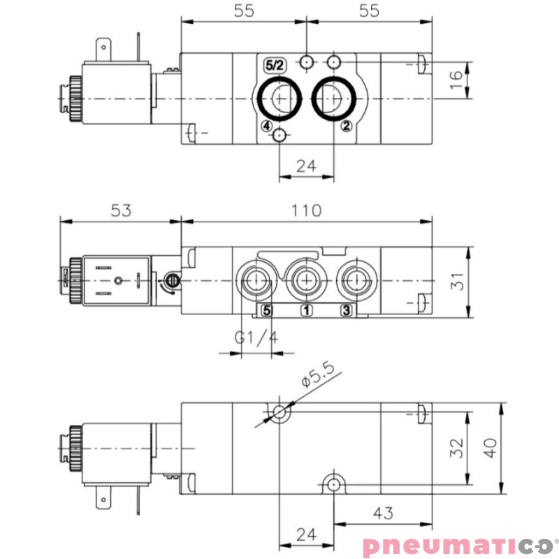 Elektrozaw&oacute;r monostabilny - sprężyna mechaniczna / sprężyna powietrzna 5/2 PNEUMAX T514.52.00.39.B09 24 VDC 2W