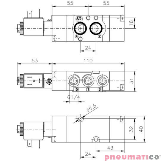 Elektrozaw&oacute;r monostabilny - sprężyna mechaniczna / sprężyna powietrzna 5/2 PNEUMAX T514.52.00.39.B05  24 VDC