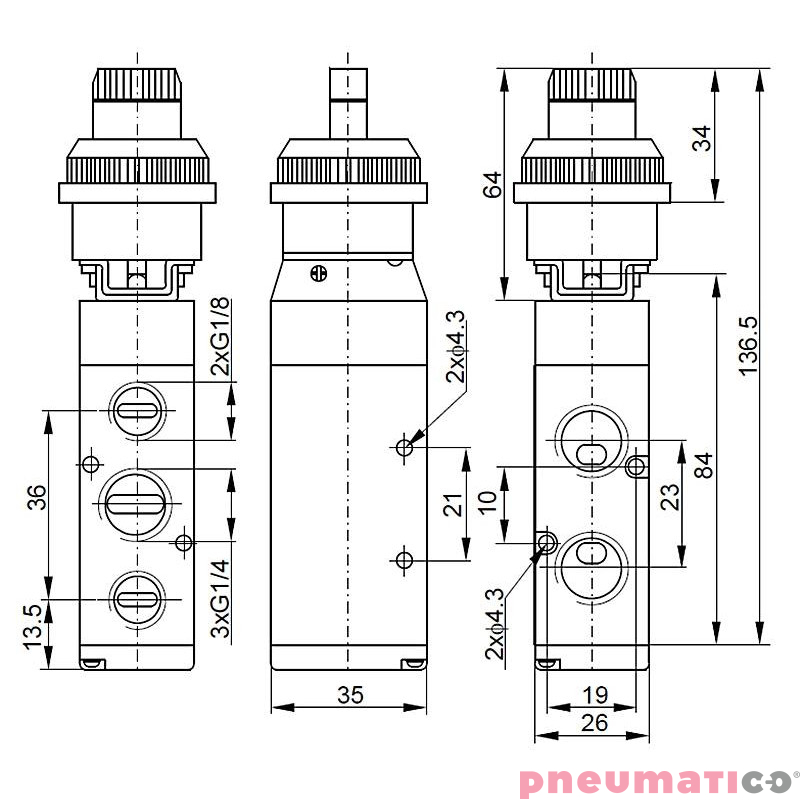 Zaw&oacute;r ręczny typu przełącznik 5/2 G1/4" PNEUMATICO JLW510SL
