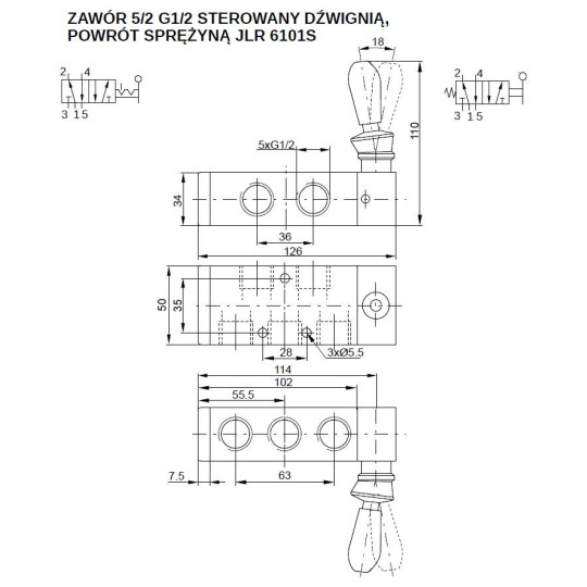 Zawór ręczny 5/2-G1/2" monostabilny PNEUMATICO JLR6101S Zawór ręczny 5/2-G1/2" monostabilny PNEUMATICO JLR6101S