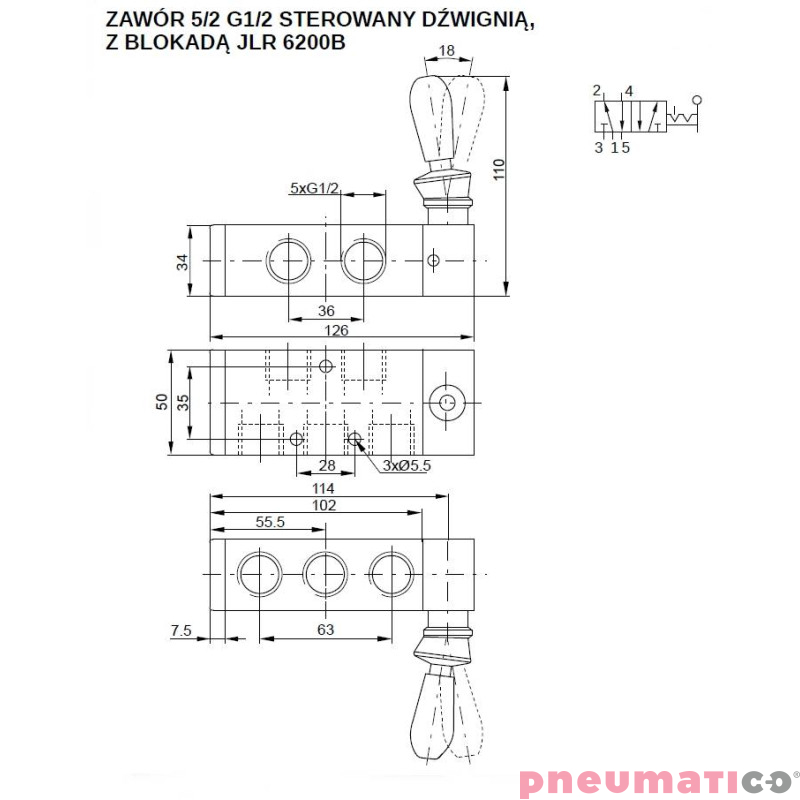 Zaw&oacute;r ręczny 5/2-G1/2" bistabilny PNEUMATICO JLR6200B