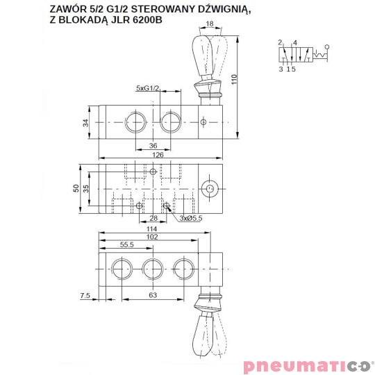Zaw&oacute;r ręczny 5/2-G1/2" bistabilny PNEUMATICO JLR6200B