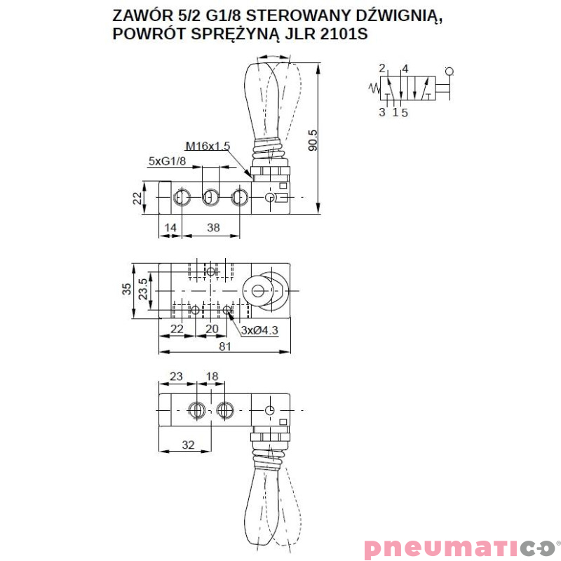 Zawór ręczny 5/2-G1/8" monostabilny PNEUMATICO JLR2101S Zawór ręczny 5/2-G1/8" monostabilny PNEUMATICO JLR2101S