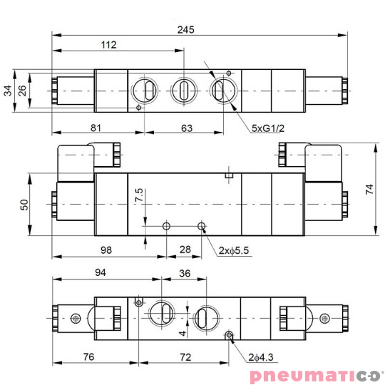 Elektrozawór PNEUMATICO 5/3 G1/2" 24V DC JLE6403-24VDC Elektrozawór PNEUMATICO 5/3 G1/2" 24V DC JLE6403-24VDC