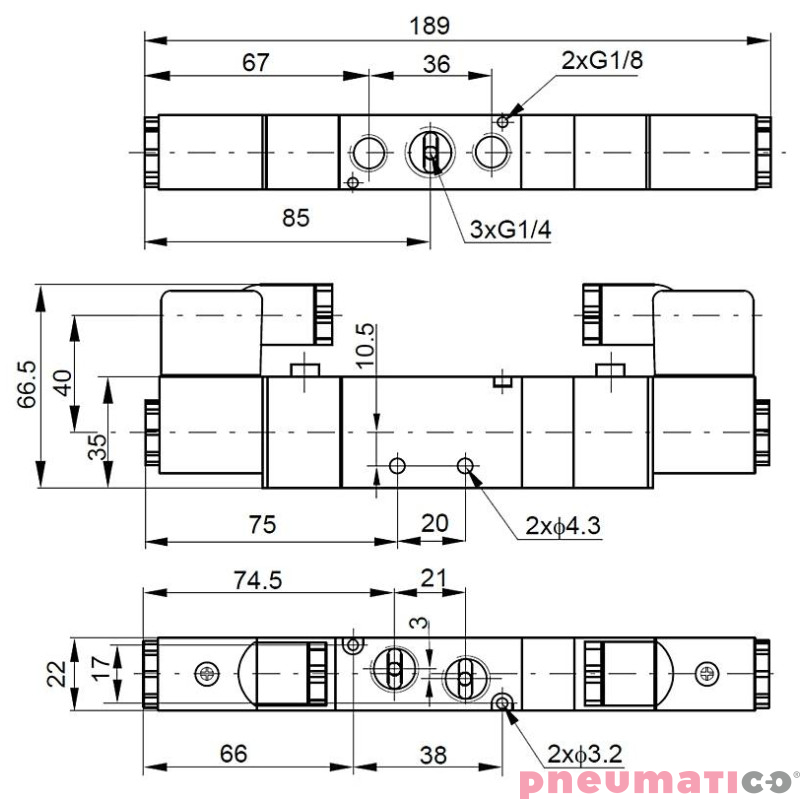 Elektrozaw&oacute;r PNEUMATICO 5/3 G1/4" 12V DC JLE4503-12VDC