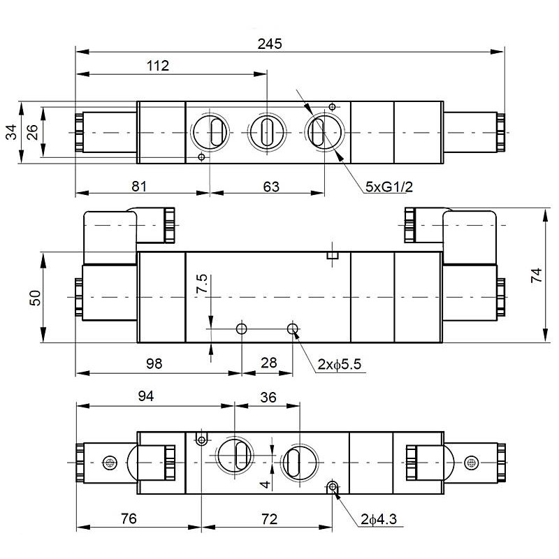 Elektrozaw&oacute;r PNEUMATICO 5/3 G1/2" 230V AC JLE6403-230VAC
