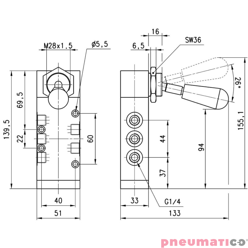 ZAWÓR 5/2 BISTABILNY GNIAZDA G1/4" RĘCZNY, DŹWIGNIA CAMOZZI 454-900 ZAWÓR 5/2 BISTABILNY GNIAZDA G1/4" RĘCZNY, DŹWIGNIA CAMOZZI 454-900
