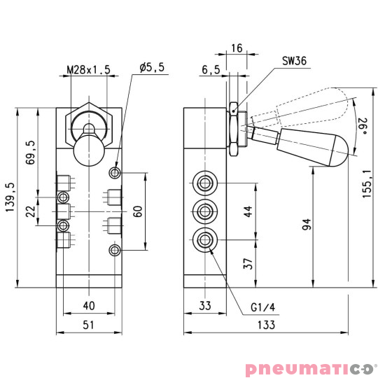 ZAWÓR 5/2 BISTABILNY GNIAZDA G1/4" RĘCZNY, DŹWIGNIA CAMOZZI 454-900 ZAWÓR 5/2 BISTABILNY GNIAZDA G1/4" RĘCZNY, DŹWIGNIA CAMOZZI 454-900