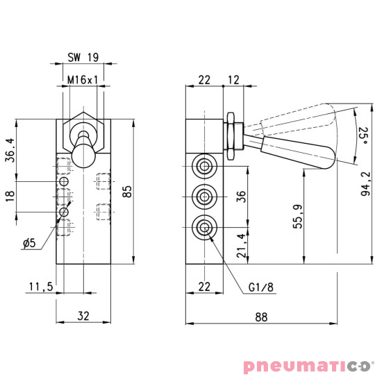 ZAWÓR 5/2 BISTABILNY GNIAZDA G1/8" RĘCZNY, DŹWIGNIA CAMOZZI 358-900 ZAWÓR 5/2 BISTABILNY GNIAZDA G1/8" RĘCZNY, DŹWIGNIA CAMOZZI 358-900