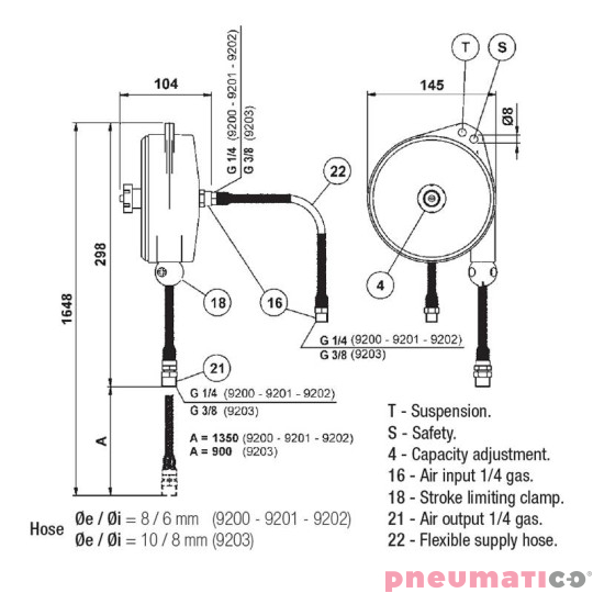 Balanser linkowy z przewodem powietrznym  9200 TECNA 04-08kg 1350mm