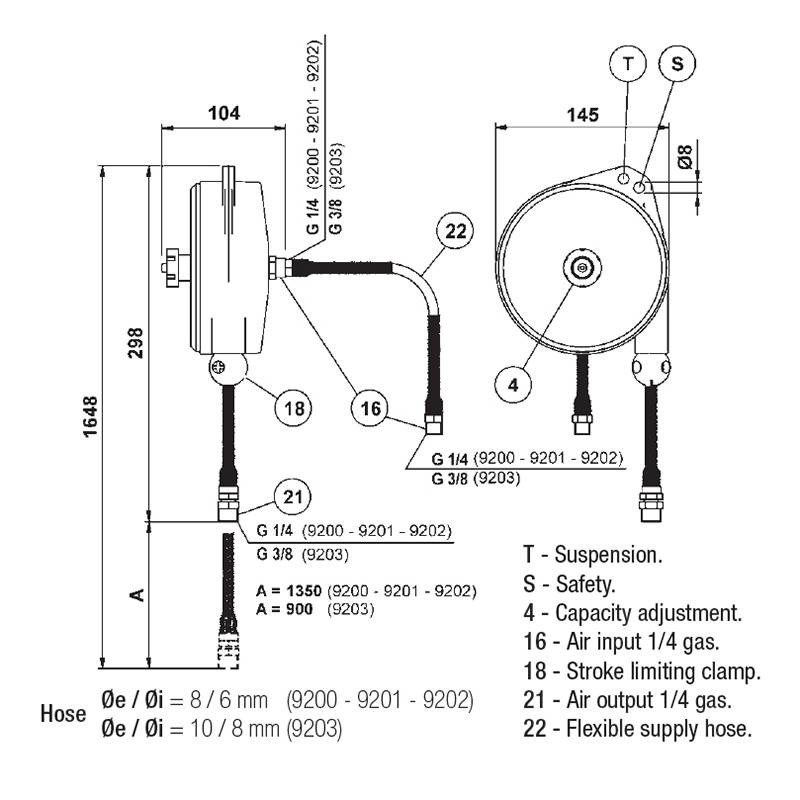 Balanser linkowy z przewodem powietrznym  9202 TECNA 12-25kg 1350mm