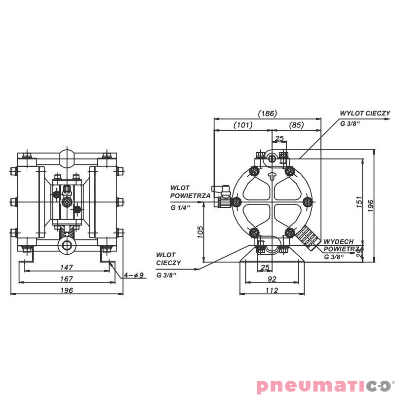 POMPA MEMBRANOWA PNEUMATYCZNA  3/8" 22L/MIN. YAMADA DP-10BPT