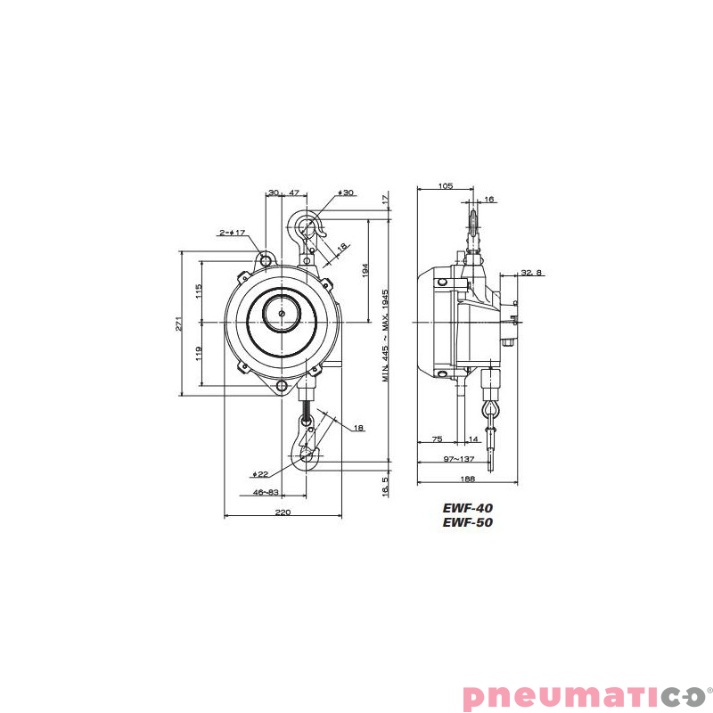 Balanser linkowy ENDO EWF50 40-50kg 1500mm Balanser linkowy ENDO EWF50 40-50kg 1500mm