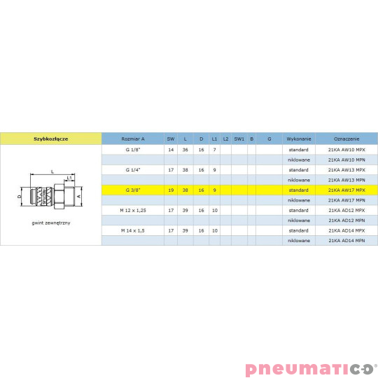 Szybkozłącze niskociśnieniowe żeńskie z gw. zew. typ 21KA 3/8" RQS 21KAAW17MPX