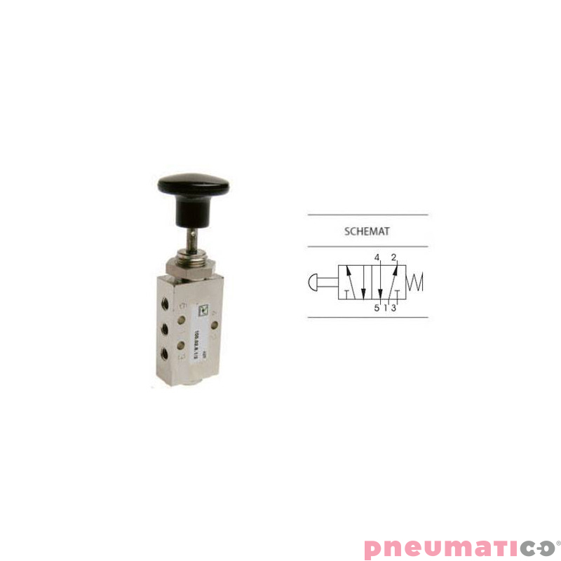 Zawór ręczny z przyciskiem typu grzybek i sprężyną 5/2 PNEUMAX M5 Zawór ręczny z przyciskiem typu grzybek i sprężyną 5/2 PNEUMAX M5