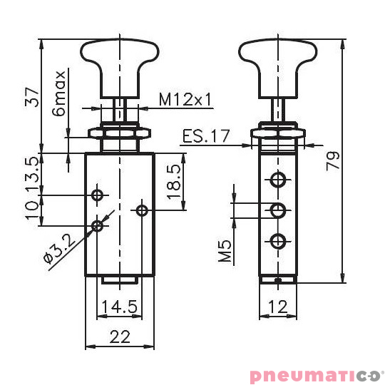 Zawór ręczny z przyciskiem typu grzybek i sprężyną 5/2 PNEUMAX M5 Zawór ręczny z przyciskiem typu grzybek i sprężyną 5/2 PNEUMAX M5