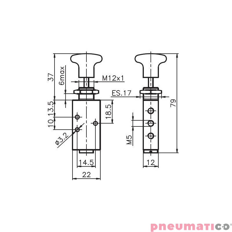 Przycisk typu grzybek - sprężyna 5/2 PNEUMAX