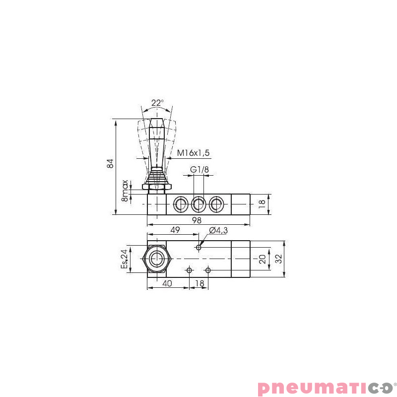 Zawór ręczny z dźwignią boczną trójpozycyjną 5/3 PNEUMAX 1/8 Czerwony 228.53.31.9.1/1 Zawór ręczny z dźwignią boczną trójpozycyjną 5/3 PNEUMAX 1/8 Czerwony 228.53.31.9.1/1