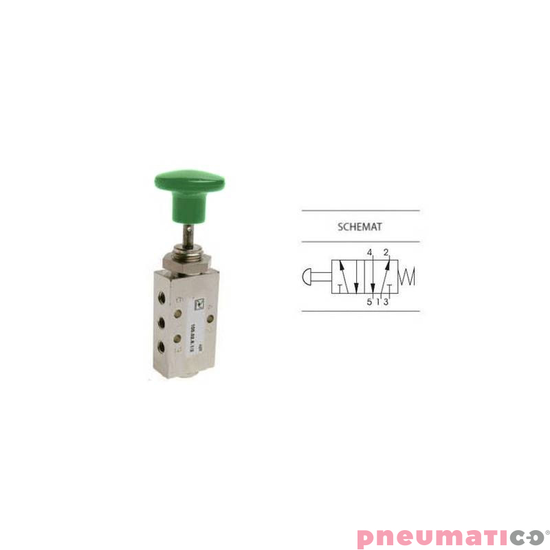 Zaw&oacute;r ręczny z przyciskiem typu grzybek i sprężyną 5/2 PNEUMAX M5 Zielony 105.52.8.1/3