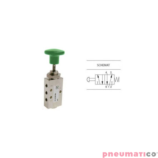 Zaw&oacute;r ręczny z przyciskiem typu grzybek i sprężyną 5/2 PNEUMAX M5 Zielony 105.52.8.1/3