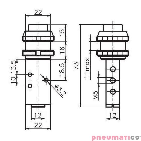 Zawór ręczny z przyciskiem ∅22 mm i sprężyną 5/2 PNEUMAX M5 Czarny 105.52.7.2/2 Zawór ręczny z przyciskiem ∅22 mm i sprężyną 5/2 PNEUMAX M5 Czarny 105.52.7.2/2