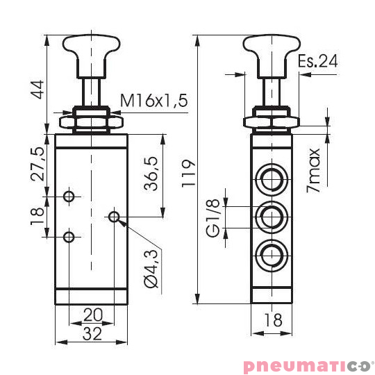 Zawór ręczny z przyciskiem dwupozycyjnym typu grzybek 5/2 PNEUMAX 1/8 Zielony 228.52.8/3 Zawór ręczny z przyciskiem dwupozycyjnym typu grzybek 5/2 PNEUMAX 1/8 Zielony 228.52.8/3