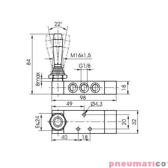 Zaw&oacute;r ręczny z dźwignią boczną tr&oacute;jpozycyjną 5/3 PNEUMAX