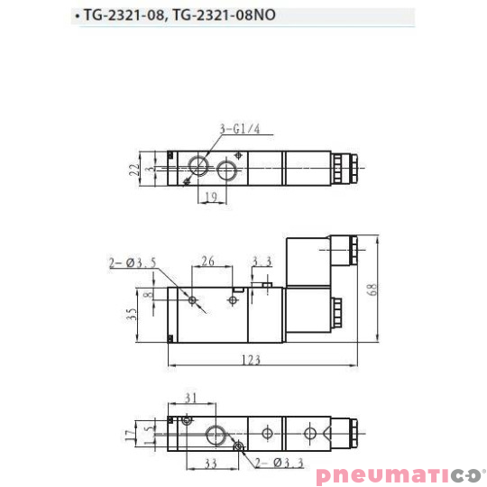 Zawór elektropneumatyczny 3/2 sterowany jednostronnie TEKMA TG-2321-08NO-DC24 NO 1/4" 24VDC Zawór elektropneumatyczny 3/2 sterowany jednostronnie TEKMA TG-2321-08NO-DC24 NO 1/4" 24VDC