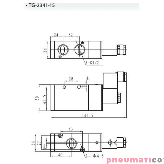 Zaw&oacute;r elektropneumatyczny 3/2 sterowany jednostronnie TEKMA TG-2341-15-DC24V NC 1/2" 24VDC