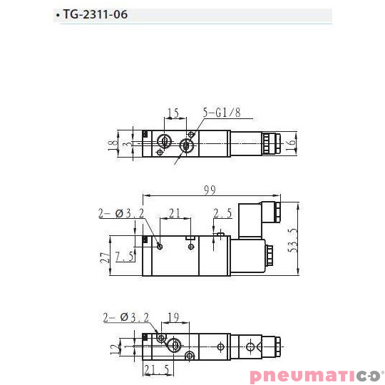 Zaw&oacute;r elektropneumatyczny 3/2 sterowany jednostronnie TEKMA TG-2311-06--DC24V NC 1/8" 24VDC