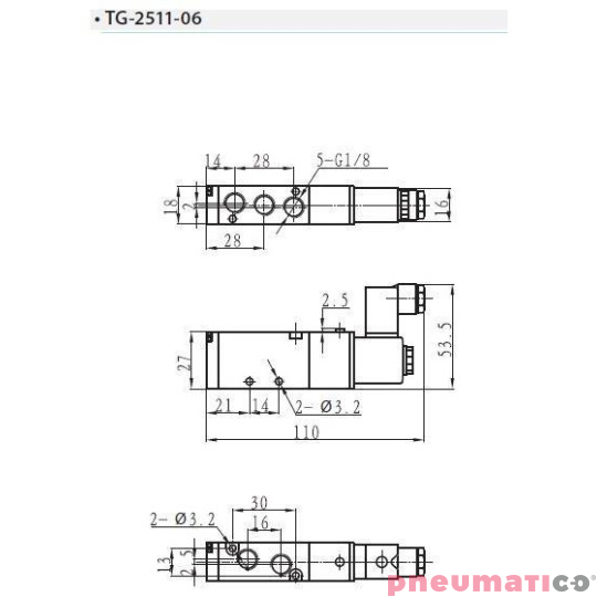 Zaw&oacute;r elektropneumatyczny TEKMA jednostronny monostabilny 5/2 1/8" TG-2511-06-AC220 NC 220VAC