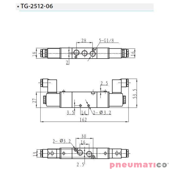 Zawór elektropneumatyczny TEKMA dwustronny, bistabilny z elementem ręcznego przesterowania 5/2 1/8" TG-2512-06-AC220 NC 220VAC Zawór elektropneumatyczny TEKMA dwustronny, bistabilny z elementem ręcznego przesterowania 5/2 1/8" TG-2512-06-AC220 NC 220VAC