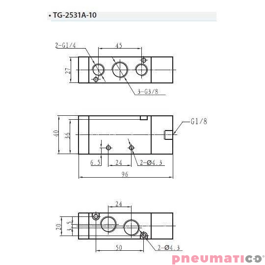 Zawór pneumatyczny jednostronny monostabilny 5/2 G3/8" TEKMA TG-2531A-10 Zawór pneumatyczny jednostronny monostabilny 5/2 G3/8" TEKMA TG-2531A-10