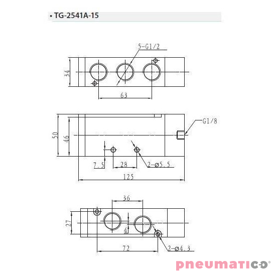 Zawór pneumatyczny jednostronny monostabilny 5/2 G1/2" TEKMA TG-2541A-15 Zawór pneumatyczny jednostronny monostabilny 5/2 G1/2" TEKMA TG-2541A-15