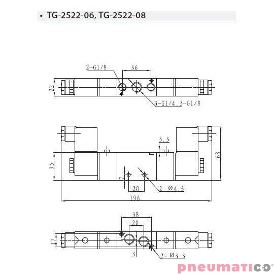 Zaw&oacute;r elektropneumatyczny TEKMA dwustronny, bistabilny z elementem ręcznego przesterowania 5/2 1/4" TG-2522-08 NC 110VAC