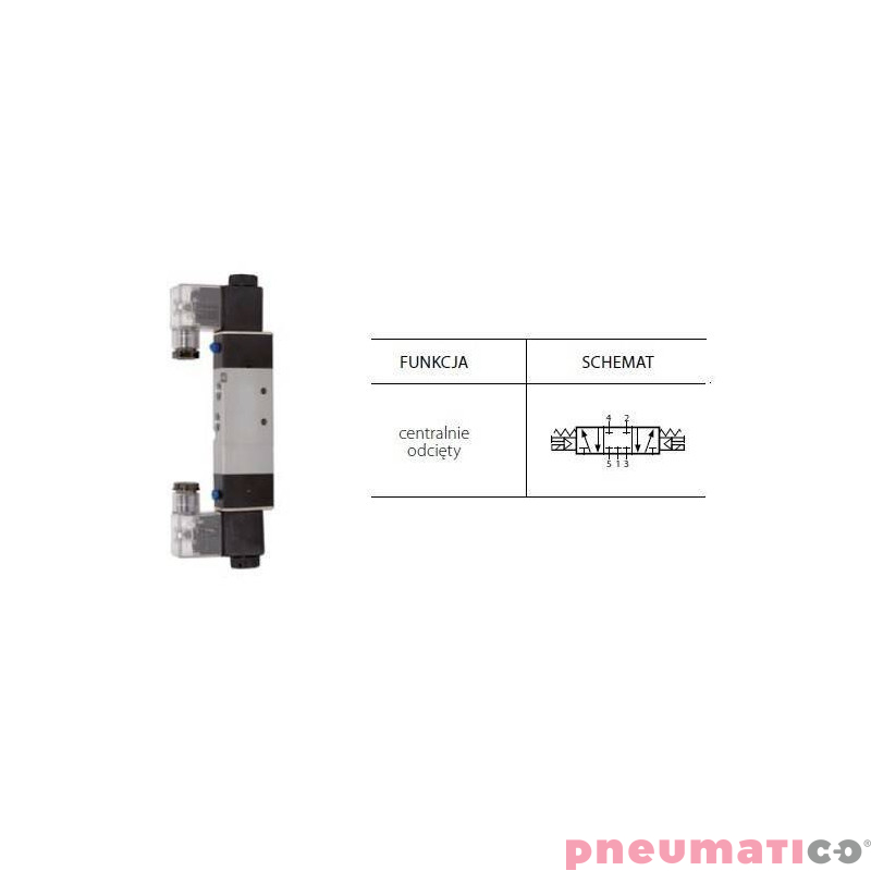 Zawór elektropneumatyczny TEKMA dwustronny, bistabilny z elementem ręcznego przesterowania centralnie odcięty 5/3 1/8" TG-3512-0 Zawór elektropneumatyczny TEKMA dwustronny, bistabilny z elementem ręcznego przesterowania centralnie odcięty 5/3 1/8" TG-3512-0